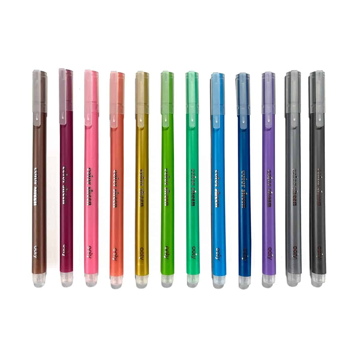 Colorful gel pens in various shades arranged in a row.