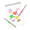 Brightly colored doodle art featuring cute animal faces, playful hearts, a rainbow, and handwritten messages like 