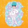 Colorful cartoon girl with blue hair and sunglasses, dressed in trendy streetwear with layered jewelry, holding a cute cat-shaped purse, vibrant digital illustration.