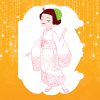 Elegant woman in traditional Japanese kimono with crane design, standing with graceful pose against vibrant orange background with white decorative accents.