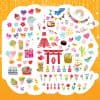 Vibrant Japanese-themed sticker collection featuring cherry blossoms, Mount Fuji, sushi, fans, lanterns, and cute animals on an orange background. Perfect for decorating or scrapbooking.