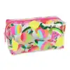 Brightly colored fruit-themed clear plastic pencil case with pink zipper, featuring watermelons, pineapples, and various fruits, perfect for school supplies and organization.