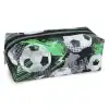 Soccer ball pattern pencil case with vibrant green, black, and white graphics, perfect for sports-themed school supplies and storage.