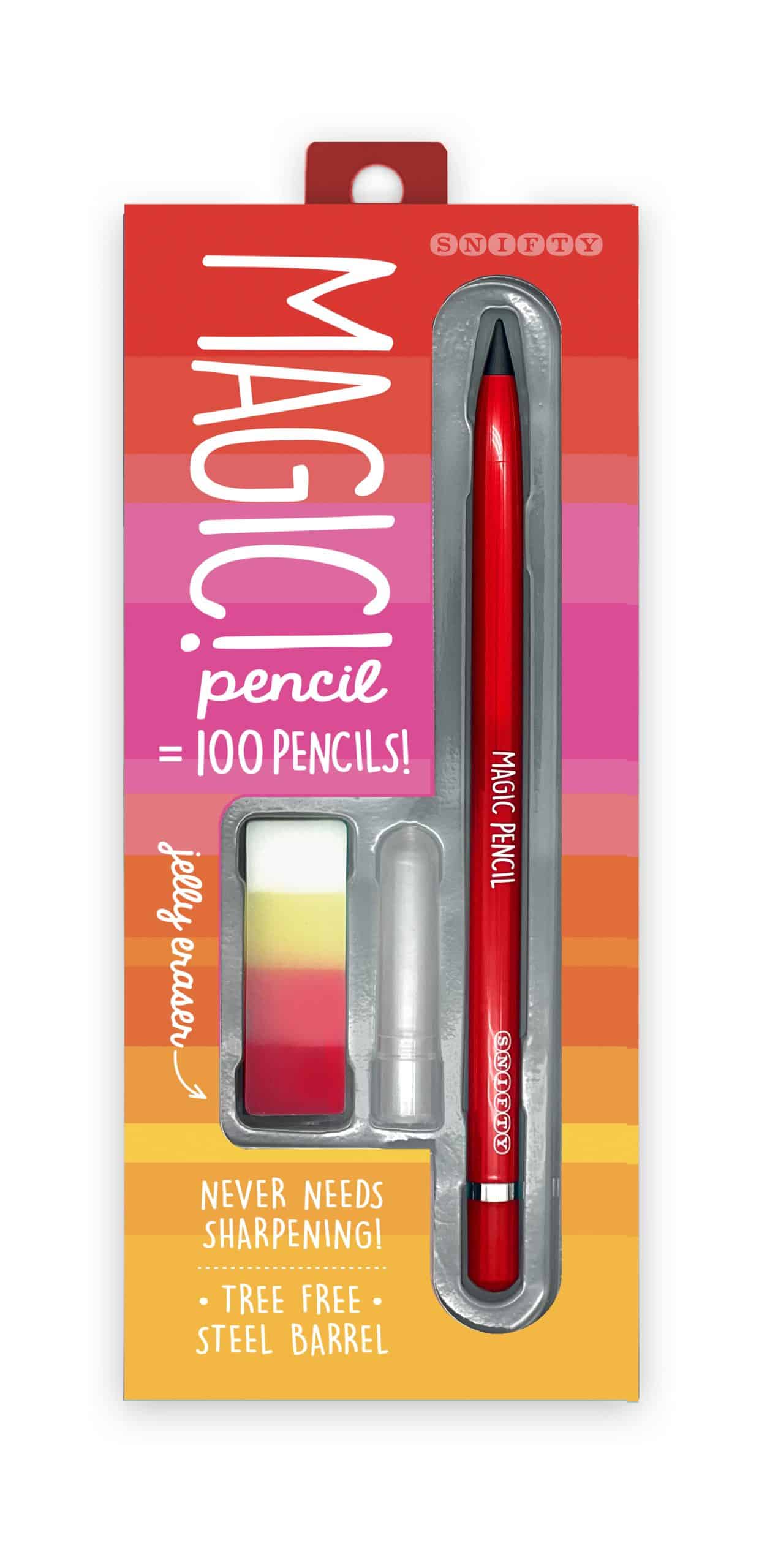 Bright red magic pencil with 100 uses, includes eraser and sharpener, suitable for school and office, eco-friendly and never needs sharpening, in colorful packaging.