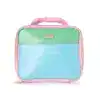 Vegan pastel lunch bag with color-block design in pink, green, and blue, perfect for school or work. Compact, stylish, and insulated.