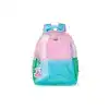 Vibrant pastel pink, blue, and green kids' backpack with a cherry charm, ideal for school or outings, featuring durable materials and functional storage compartments.