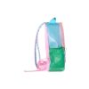 Bright pastel-colored backpack featuring transparent, pink, blue, and green sections, perfect for school, travel, or casual outings, stylish and functional.