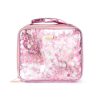 Pink sequin lunch bag with shimmering, iridescent glitter, perfect for school or travel accessories. Stylish and functional with a secure zipper closure and handle.