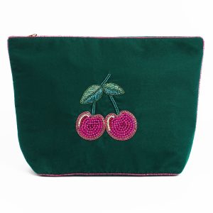 Cherry green velvet beaded large pouch