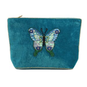 Blue butterfly medium beaded pouch