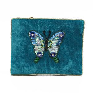 Blue butterfly small beaded pouch