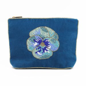 Blue pansy medium beaded pouch