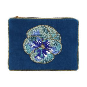 Blue pansy small beaded pouch