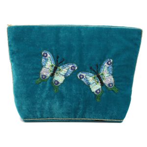 Double blue butterfly large beaded pouch