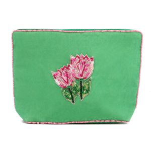 Pink tulip on green medium beaded pouch