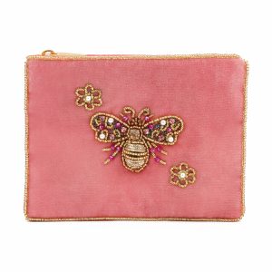 Pink flower bee small beaded pouch