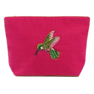 Pink hummingbird large beaded pouch