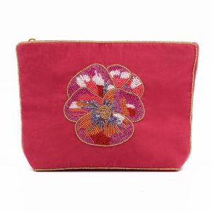 Pink pansy medium beaded pouch