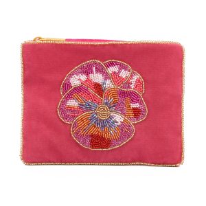 Pink pansy small beaded pouch