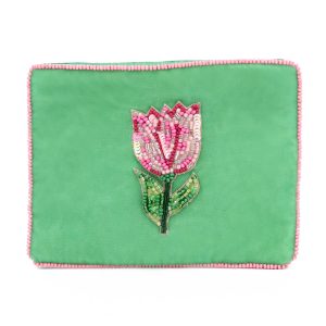 Pink tulip on green small beaded pouch
