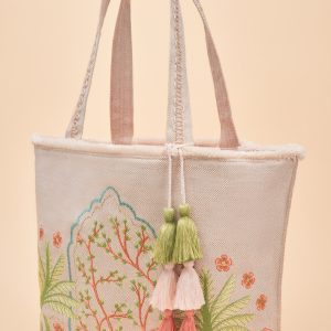 Jute beach tote bag paradise palms design