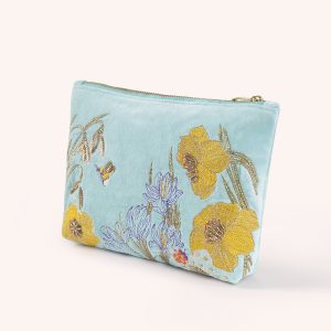 Wildflower meadow blue velvet embroidered mid size pouch
