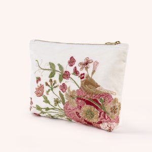 Goldfinch white velvet embroidered mid size zip pouch