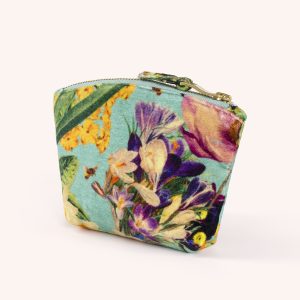 Spring Flora green velvet embroidered mini zip pouch