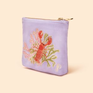 Lobster lavender velvet embroidered mini zip pouch
