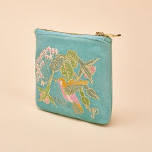 Hummingbird aqua velvet embroidered mini zip pouch