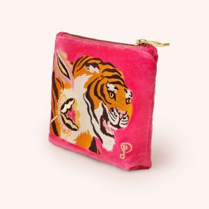 Tiger pink velvet embroidered mini zip pouch