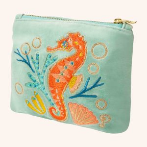 Sparkling seahorse aqua velvet embroidered mini zip pouch