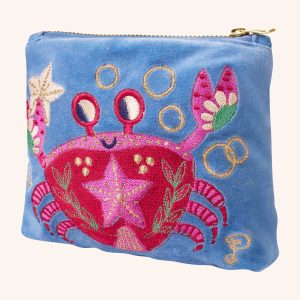 Seafaring crab cornflower velvet embroidered mini zip pouch
