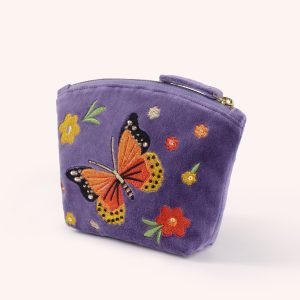 Bonny butterfly purple velvet embroidered mini zip pouch