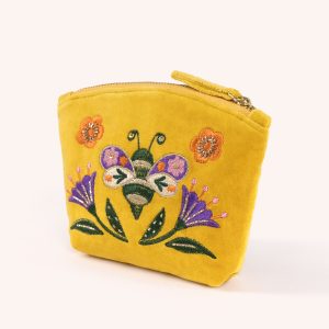 Brilliant bumblebee yellow velvet embroidered mini zip pouch