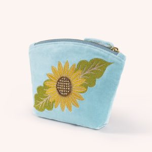 Summer sunflower blue velvet embroidered mini zip pouch