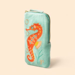 Sparkling seahorse aqua velvet embroidered sunglasses case
