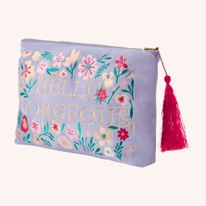 Hello gorgeous blue velvet embroidered large zip pouch