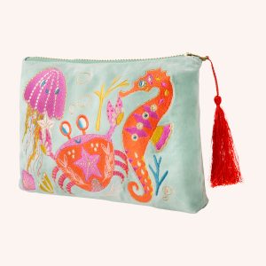 Seashore friends aqua velvet embroidered large pouch
