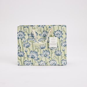 Indigo flowers on green medium block printed giftbag
