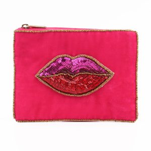 Lips on bright pink small beaded pouch
