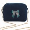 Navy velvet beaded silver blue bow crossbody bag