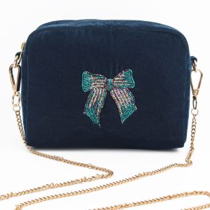 Navy velvet beaded silver blue bow crossbody bag