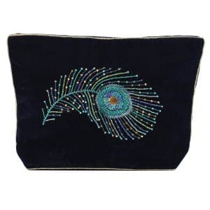 Peacock feather navy large beaded pouch