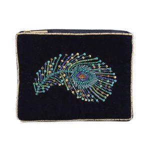 Peacock feather navy small beaded pouch