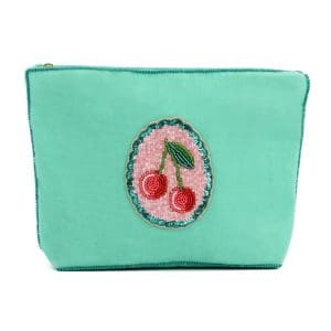Teal scallop with cherry medium beaded pouch